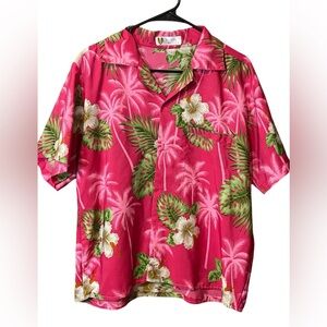 EUC pink and green Hawaiian button down short sleeve shirt